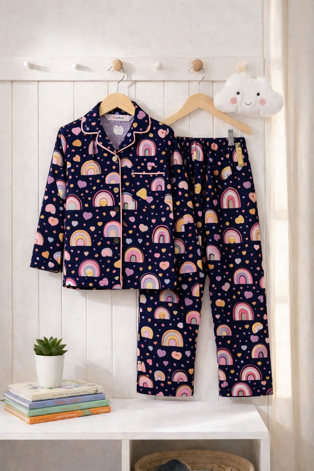 Navy pajama set with rainbow and heart pattern on hangers against a white wall.
