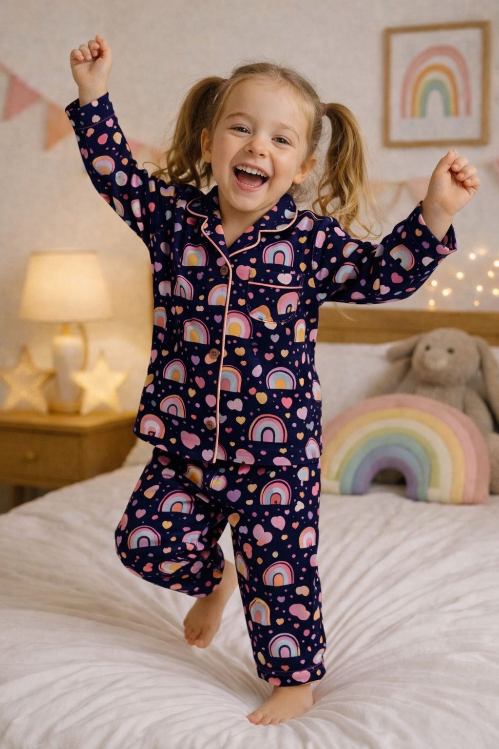 Child in rainbow-patterned pajamas jumping on a bed with a teddy bear and rainbow decorations in the background wearing the most comfortable nightsuit 