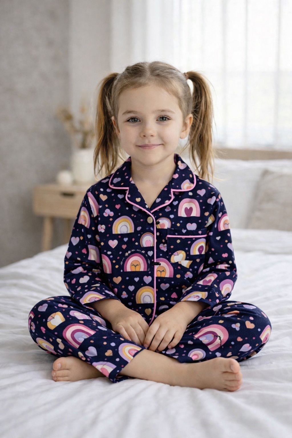 Young girl wearing a navy blue pajama set with pink and white patterns, sitting on a bed.