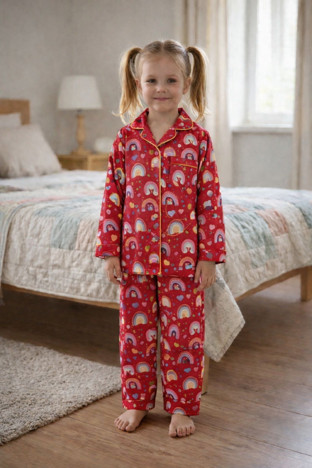 Cute Red Rainbow Print Cotton Kids Night Suit – Soft & Comfortable kids Sleepwear Set
