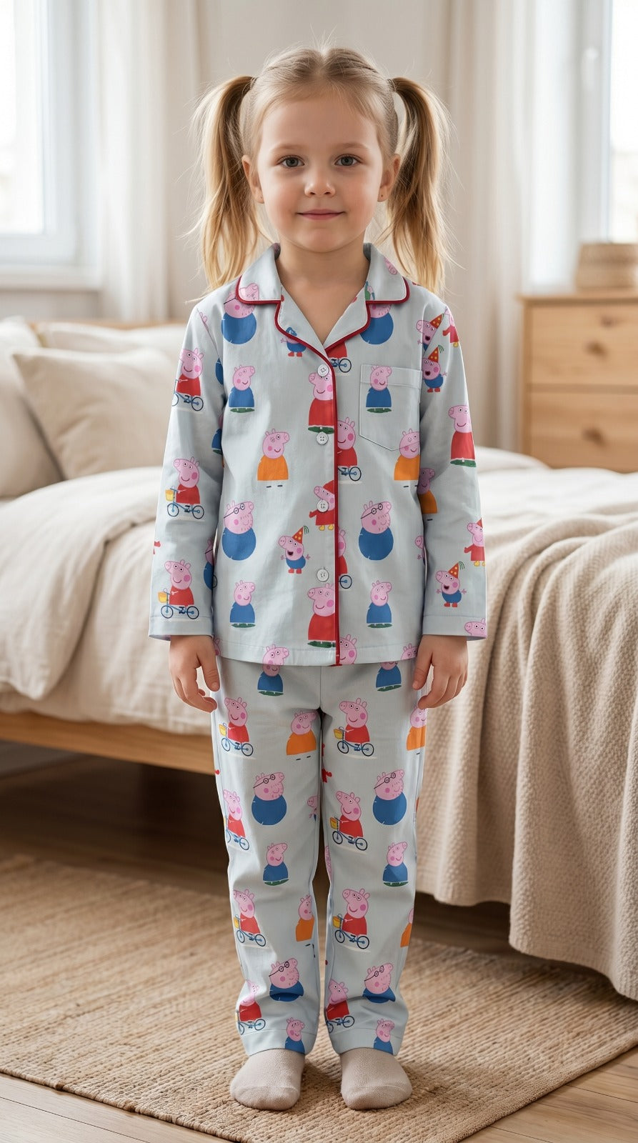 💕🦒Kids Printed Night Suit Set | Cute Cartoon Pig Print Cotton Nightwear | Soft & Comfortable Sleepwear for Girls