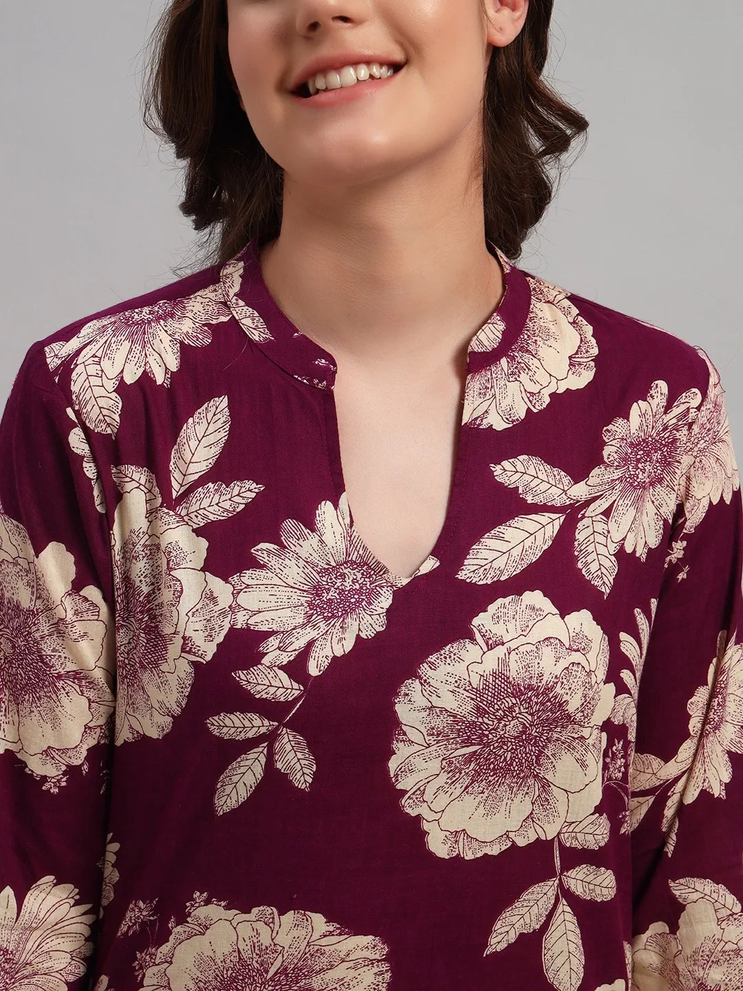 💜 Women Floral Print Night Suit – Maroon Cotton Lounge Wear Set