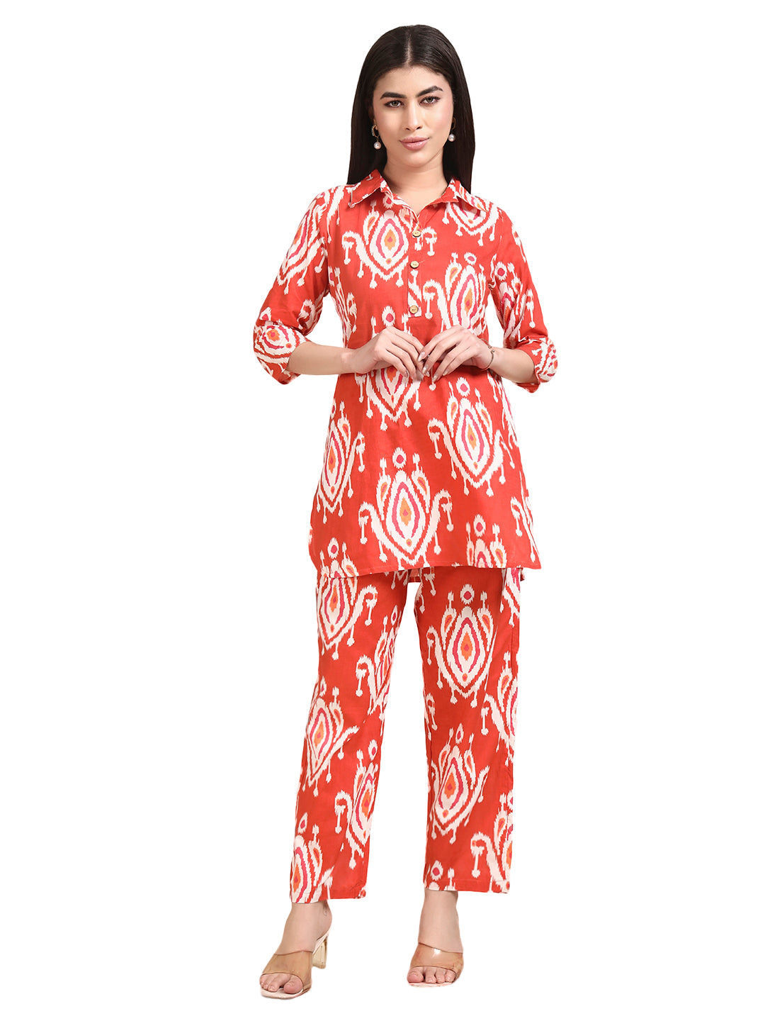 Red Ikat Printed Kurta & Pant Co-Ord Set for Women