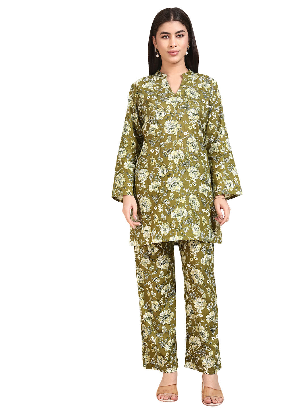 🌿 Women’s Olive Green Floral Printed Kurta & Pant Co-Ord Set