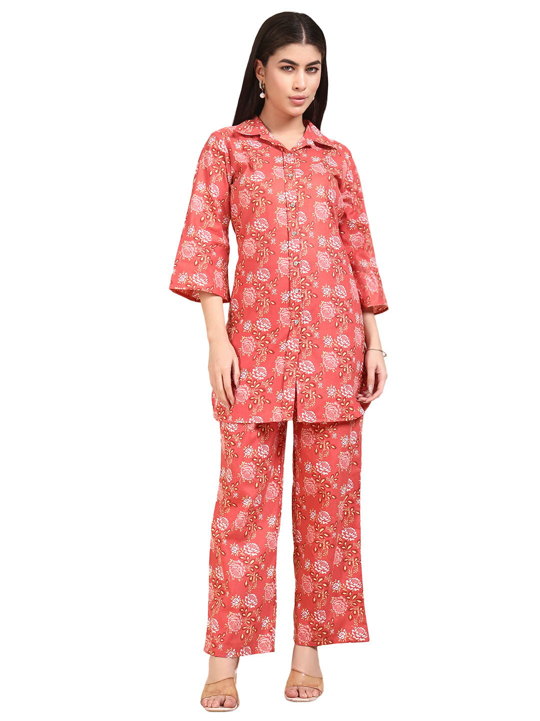 Coral Floral Printed Kurta & Pant Co-Ord Set for Women