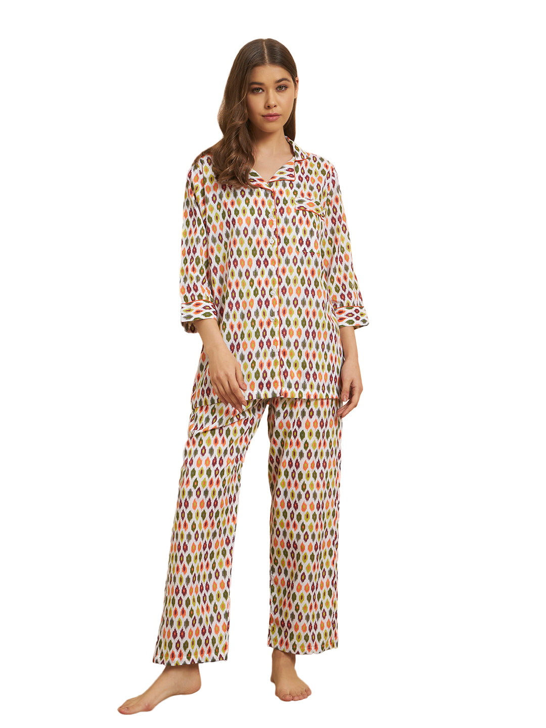 Multicolor Geometric Print Night Suit Co-Ord Set for Women