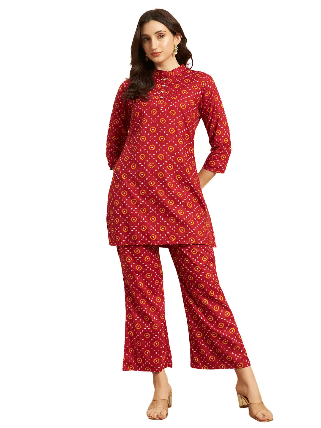Maroon Bandhani Printed Kurta & Pant Co-Ord Set for Women